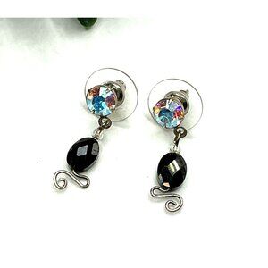 Black Bead and Aurora Borealis Rhinestone Dangle Earrings